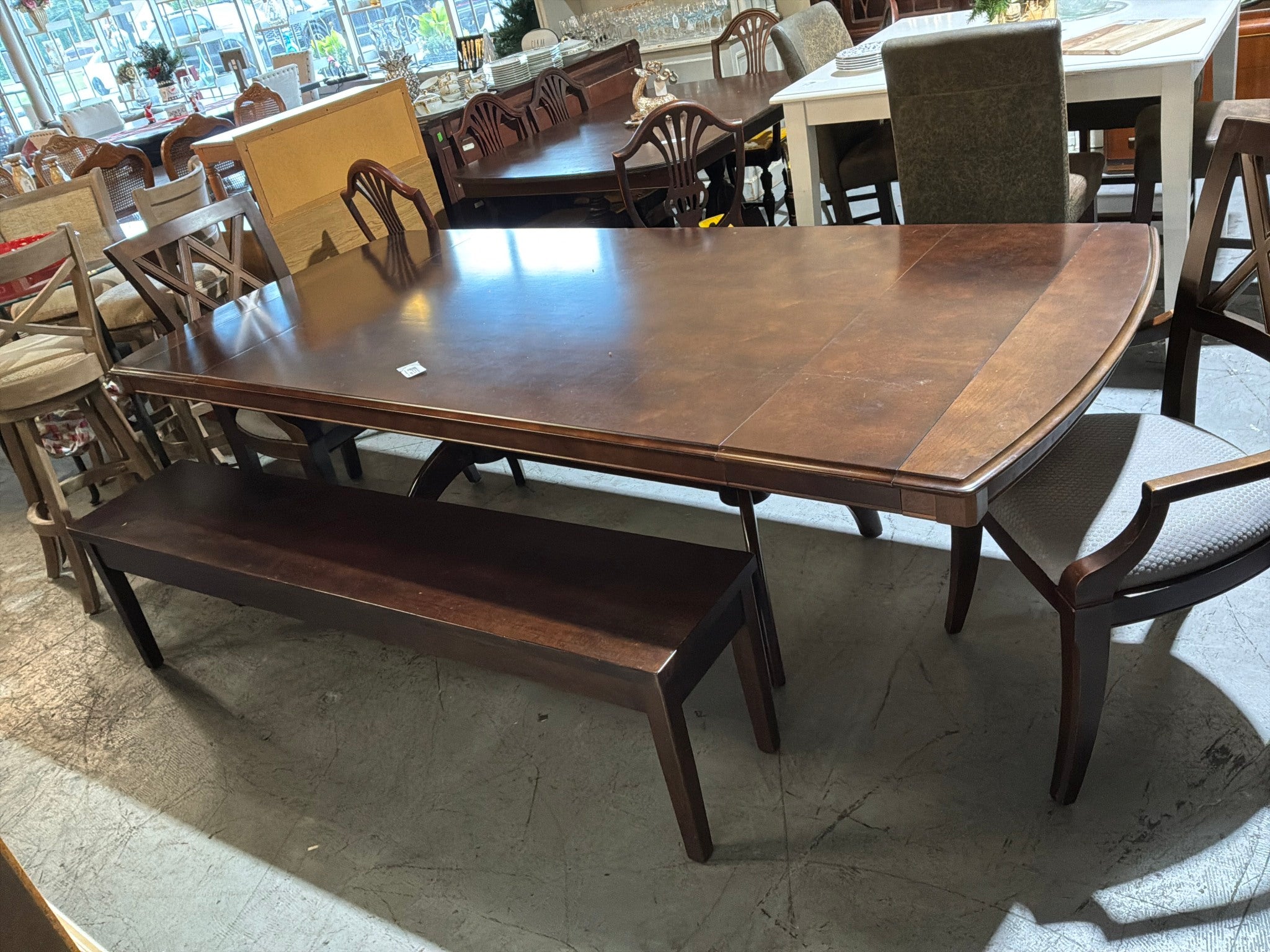 Dark Wood Dining Table W/ Lg Bench 2 Chairs